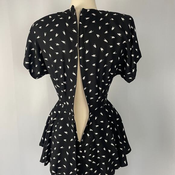 Vintage Midi Dress Size 10 Black White Print Peplum Retro Office Secretary 80s - Picture 10 of 15